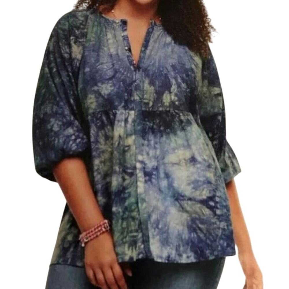 Cabi Sz L Tie Dye Woodstock Linen Blend Babydoll Tunic Boho Top Hidden Button Up